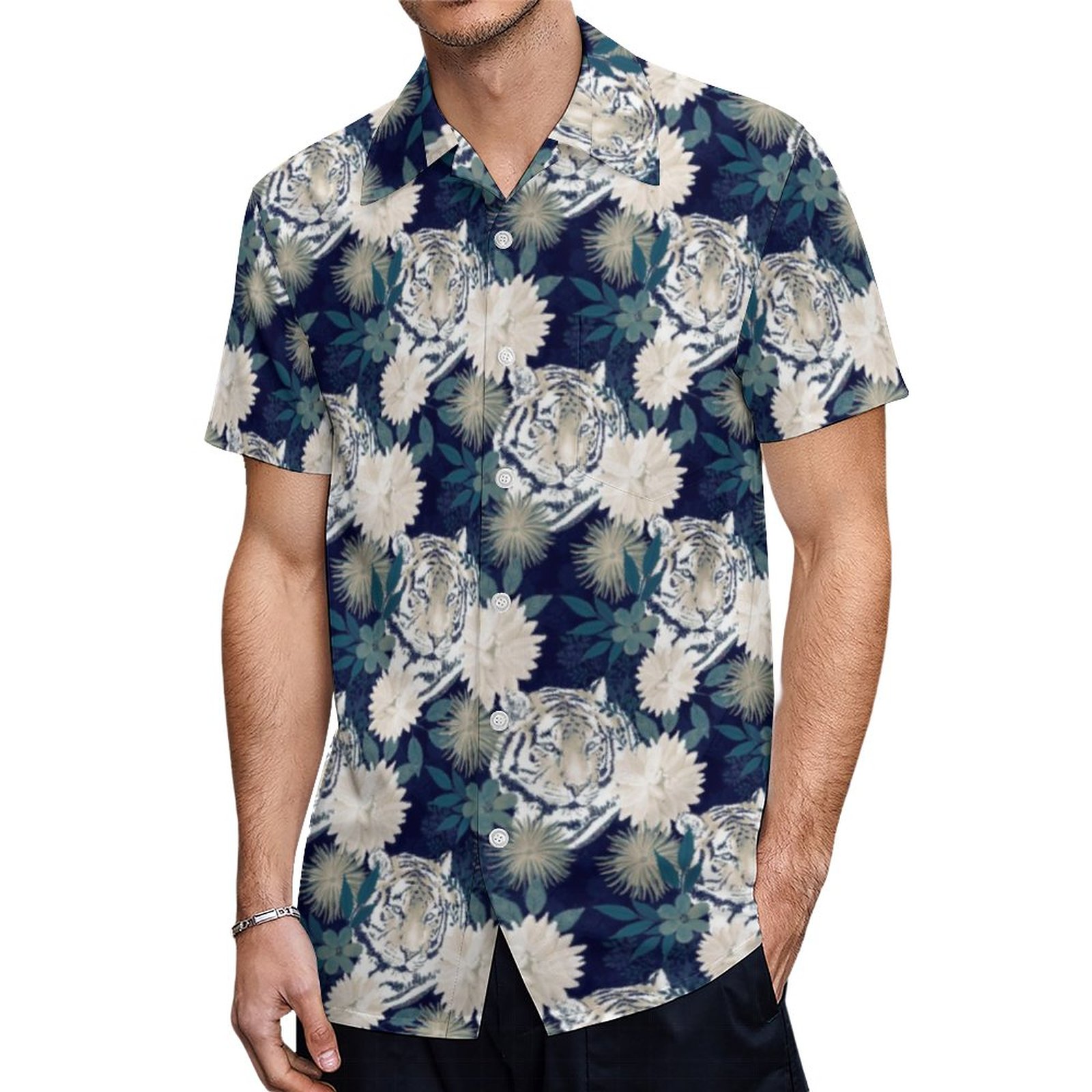 Trendy Tiger Animal Watercolor Floral Blue Design Hawaiian Shirt Mens Button Down Tropical Hawaii Beach Shirts