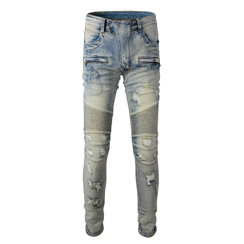Men's  Beggar Style Slim-fitting Elastic Jeans Locomotive Jeans Biker Jeans