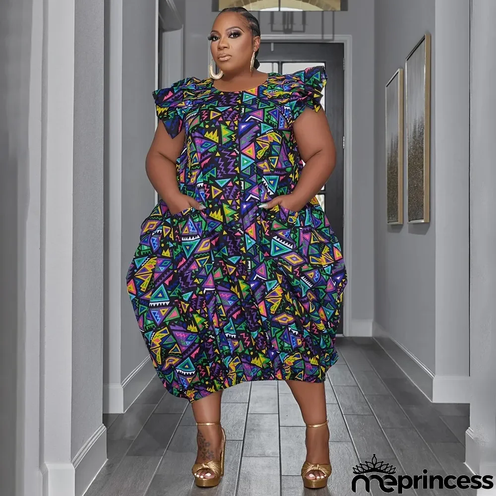 Spring Summer Women's 3d Print Plus Size Irregular Cascading Ruffles Dress