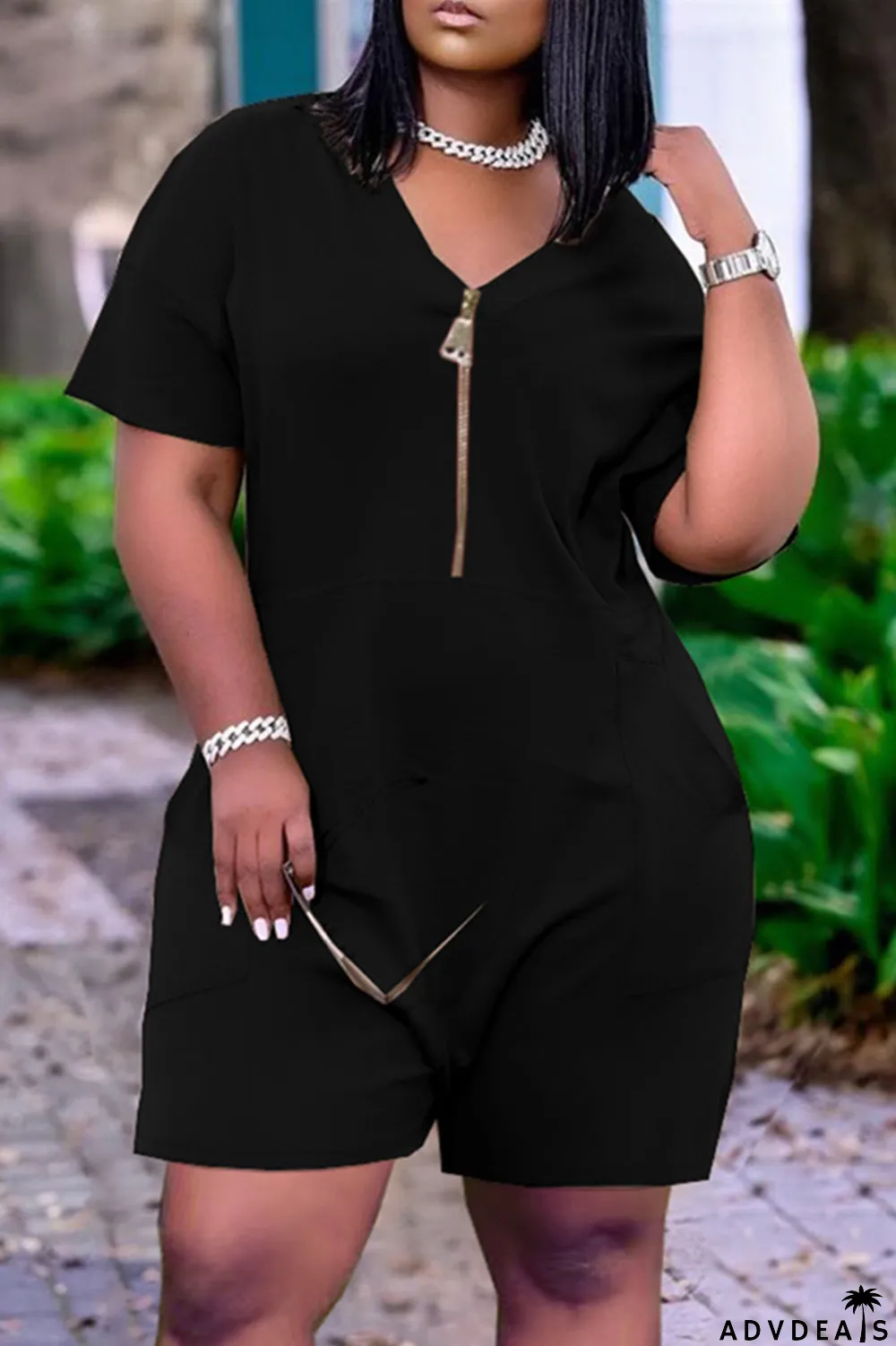 White Fashion Casual Solid Pocket V Neck Loose Romper