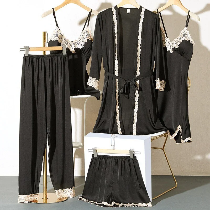 Lace 5PCS Pajamas Set Spring Sleepwear Women Satin Lounge Wear Lingerie Home Clothes  Kimono Bathrobe Gown With Breast Pads