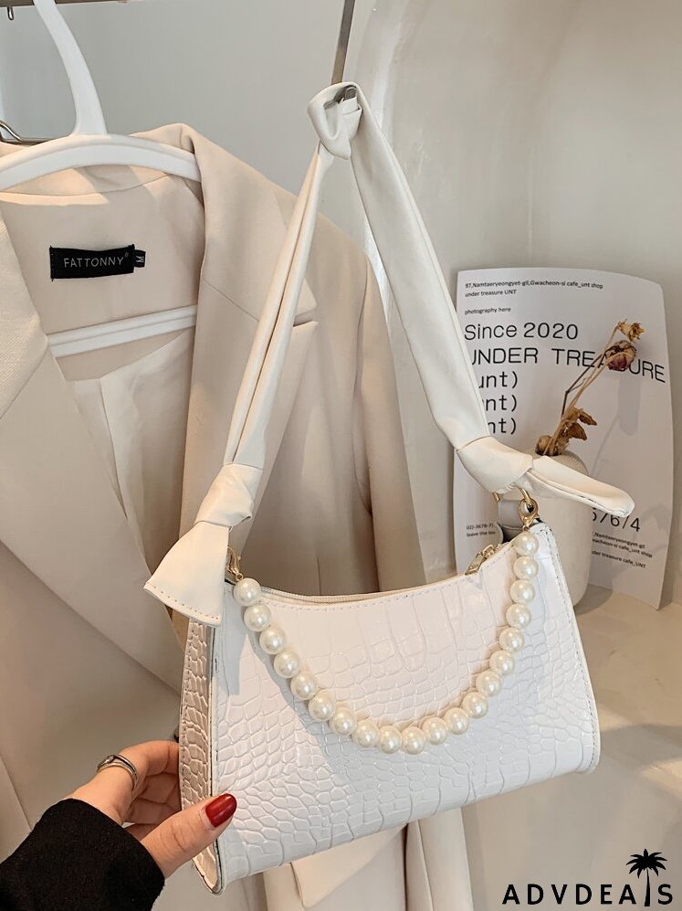 Faux Pearl Beaded Croc Embossed Shoulder Bag