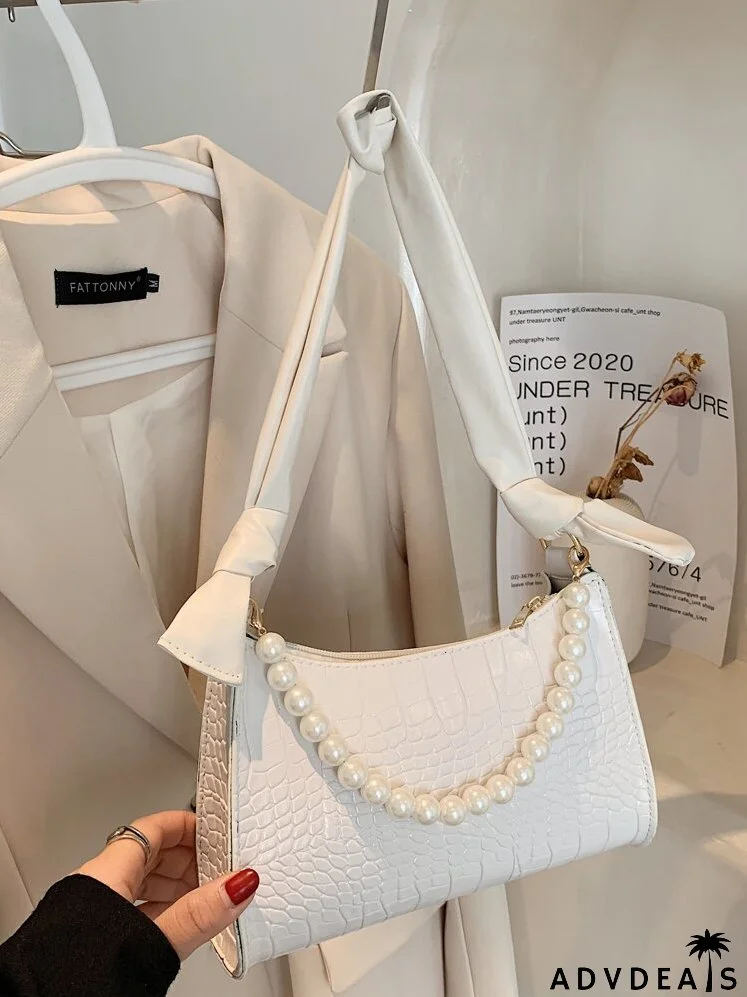 Faux Pearl Beaded Croc Embossed Shoulder Bag