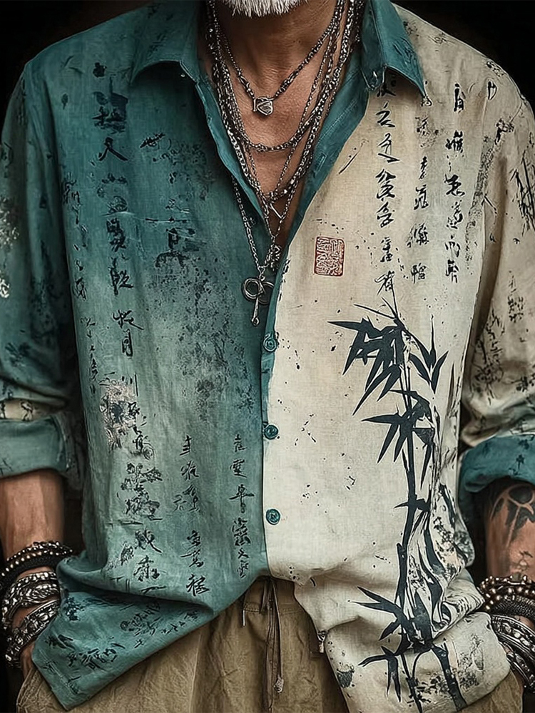 Men's Vintage Bamboo Calligraphy Art Contrast Linen Blouse  artssus