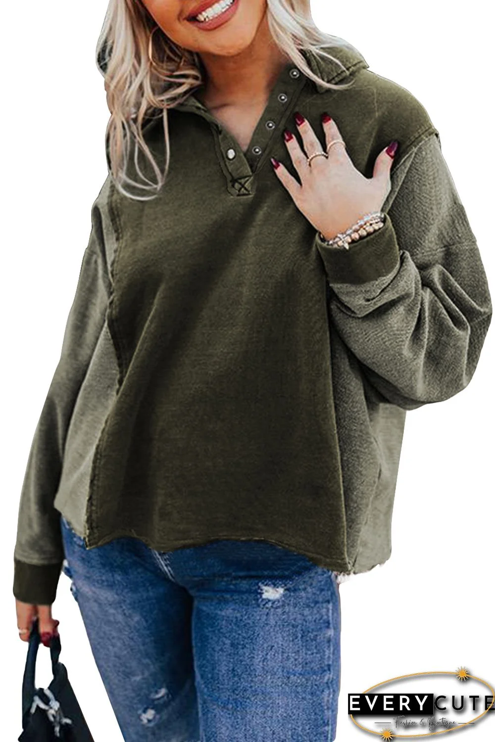 Green Patchwork Button Down Neckline Hoodie