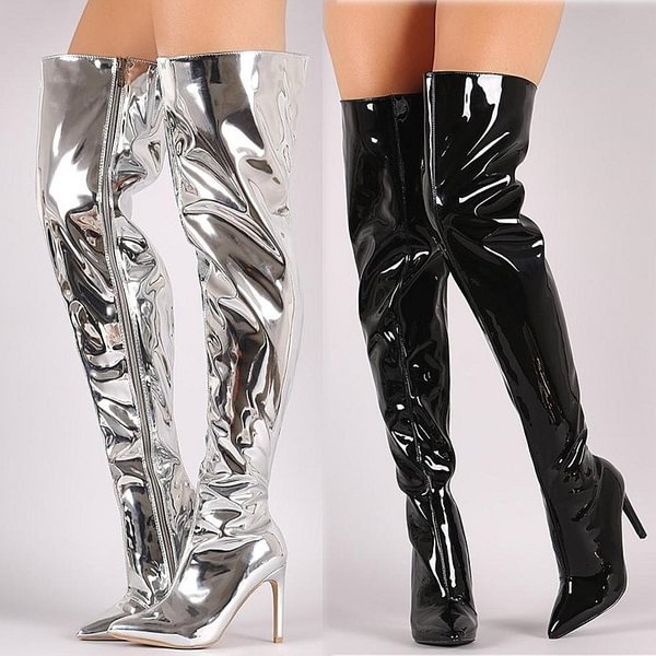 Sexy Silver Mirror Thigh High Boots Women T Show Pointy Toe Club Party Shoes Thin High Heels Over-the-knee Long Boots for Women - Life is Beautiful for You - SheChoic