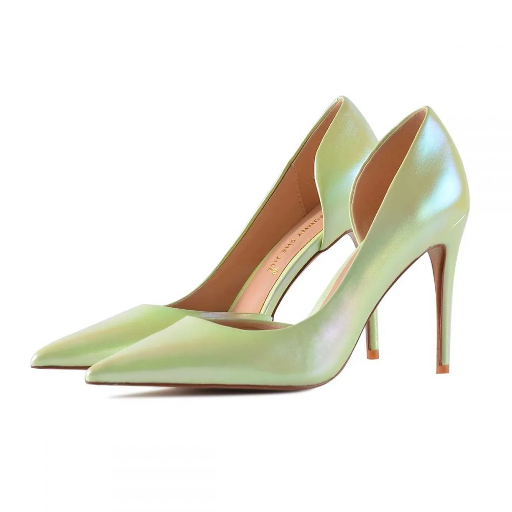 Green Commuting Heels Shiny Leather D'orsay Laser Luster Pumps Nicepairs