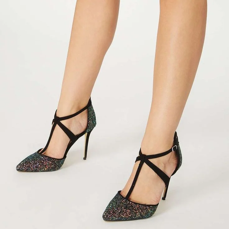 Glitter Pointed Toe Stiletto Heel T Strap Pumps for Women |FSJ Shoes
