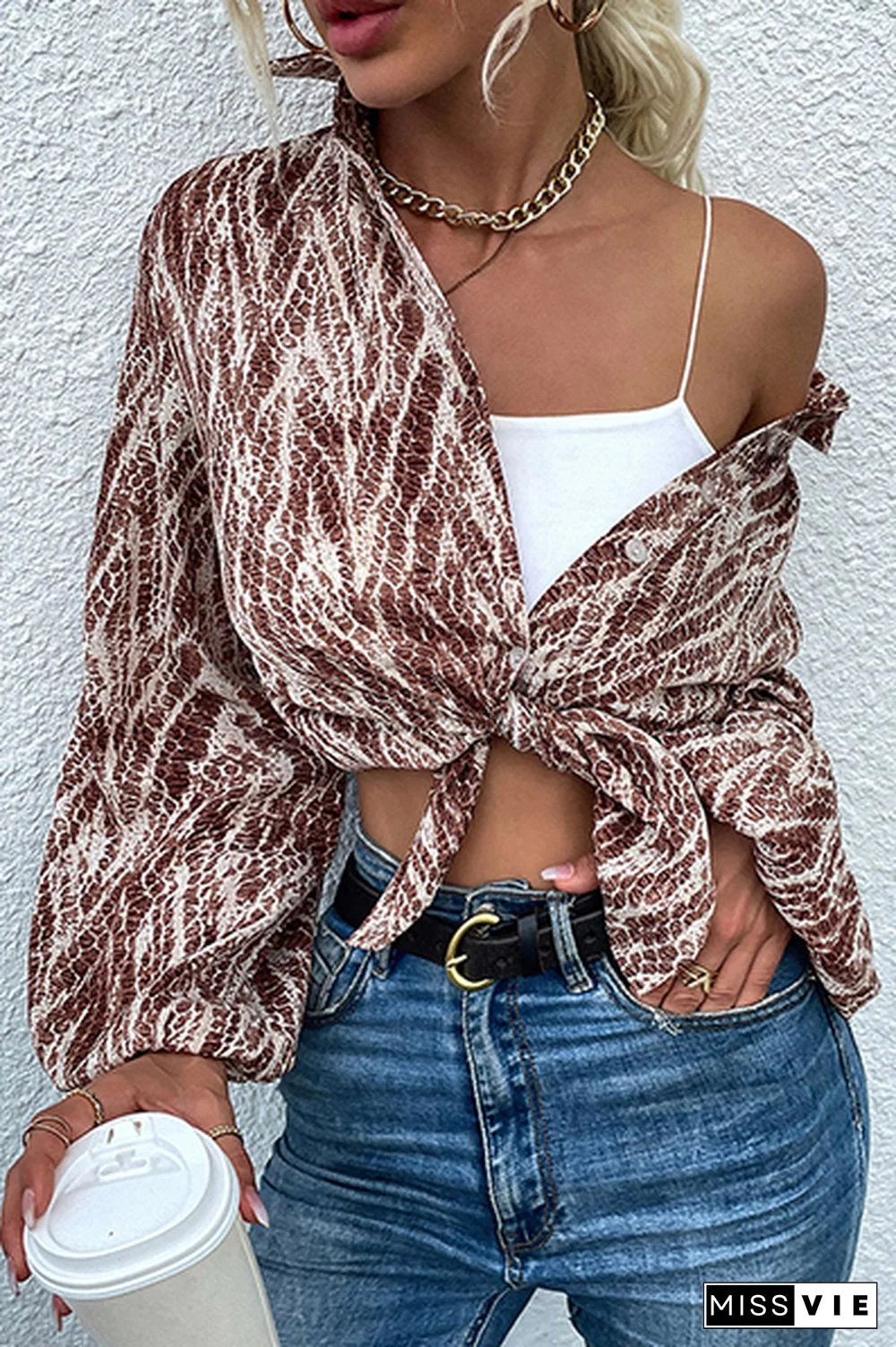 Casual Street Print Buckle Turndown Collar Tops