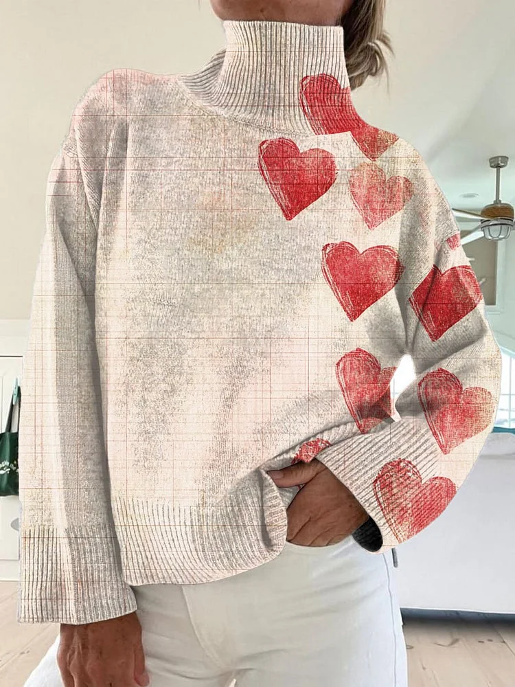 Valentine's Day Vintage Love Art Print Knit Turtleneck Pullover Sweater