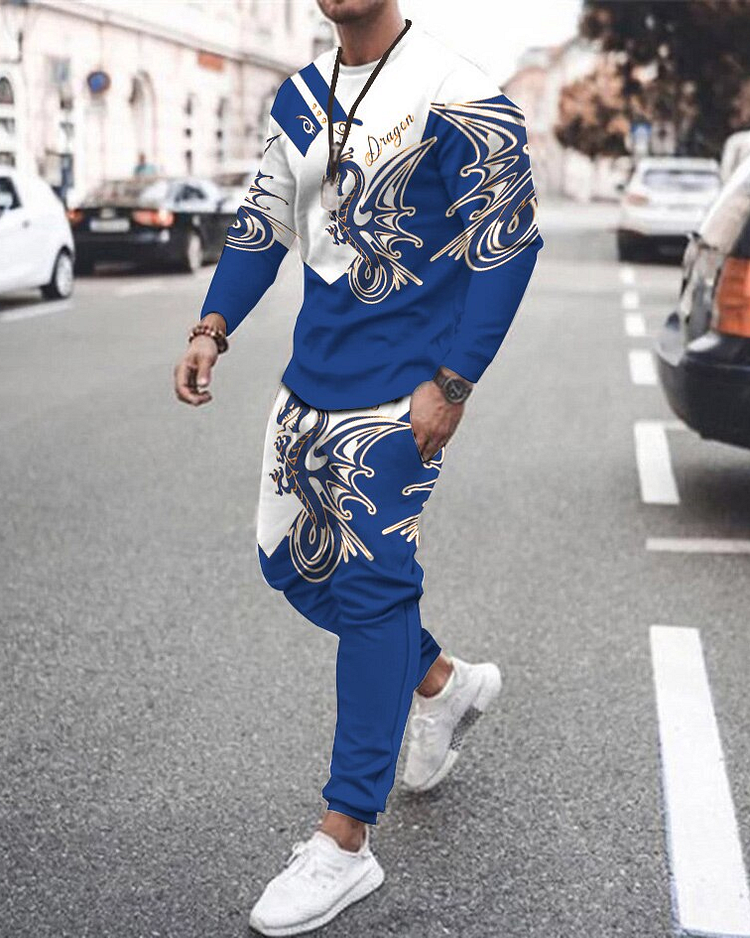Men's casual color-block print color-block long-sleeved sports set 020