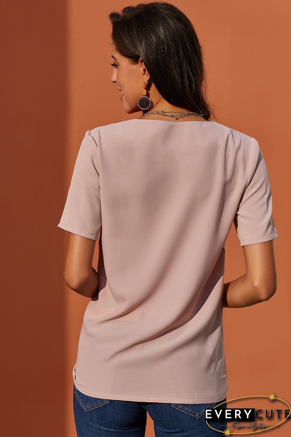 Pink Short Sleeve Button Detail Loose Fitting Chiffon Blouse