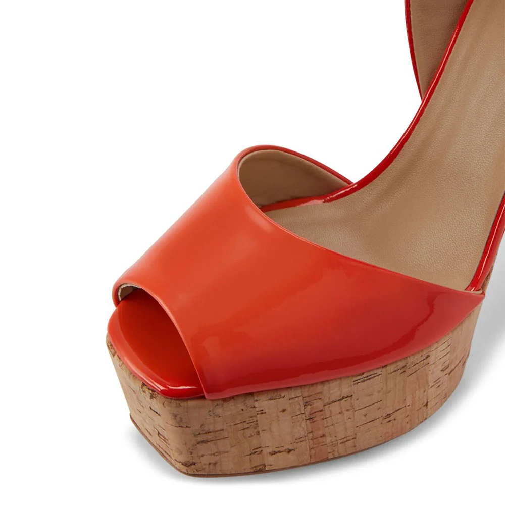 Red Patent Platform Peep Toe Chunky Heel Ankle Strap Summer Sandals