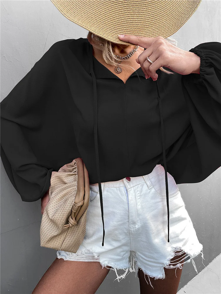Balloon Sleeve Tie V-Neck Loose Casual Top