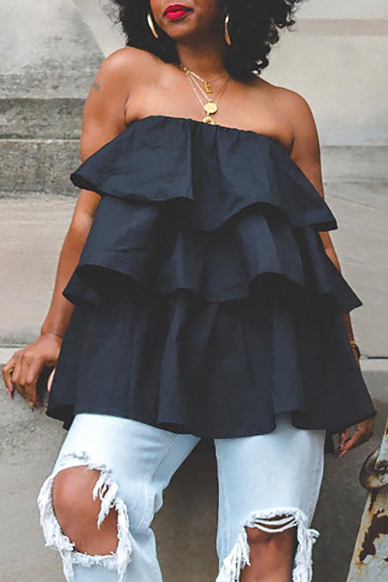 Plus Size Black Daily Bandeau Sleeveless Overlay Ruffle Blouse
