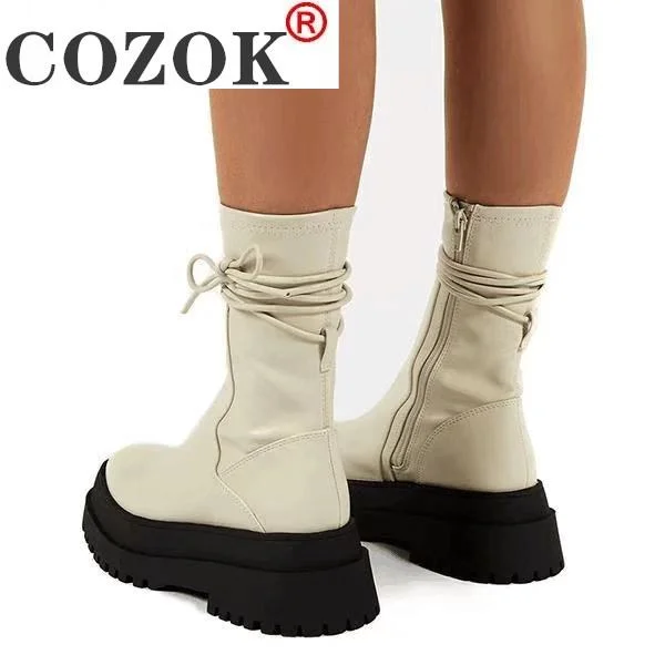 2021 New Winter Fashion Boots Women Platform Warm Shoes Mid-Calf Boots Ankle Boots Zipper Leather Boots Women Botas Mujer