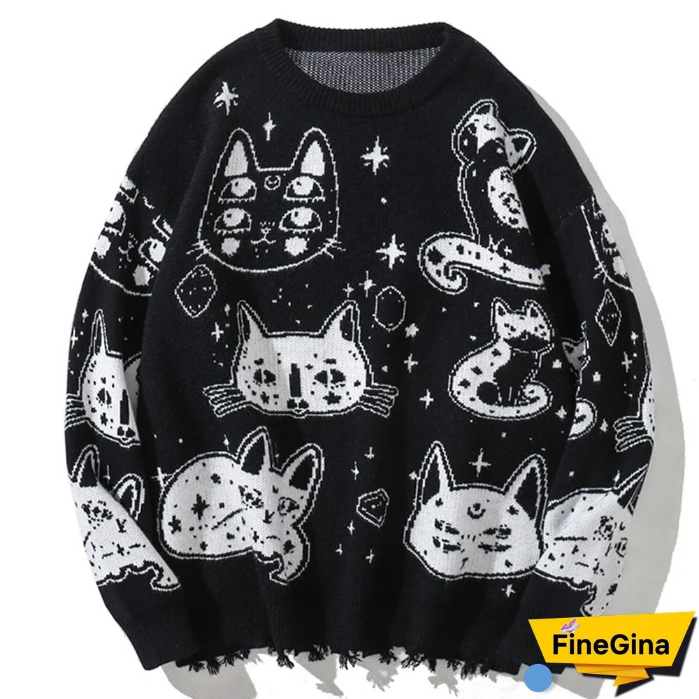 Cartoon Cat Print Loose Sweater