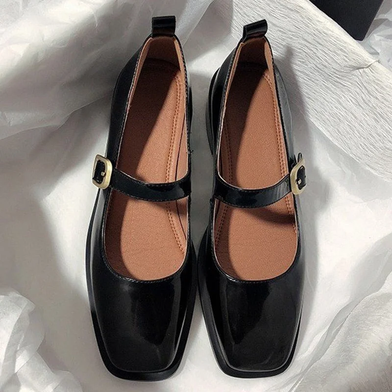Vstacam Graduation 2023 Vintage Square Toe Patent Leather Shoes Women Ankle Strap Low Heel Mary Jane Shoes Woman Dark Brown Shallow Pumps