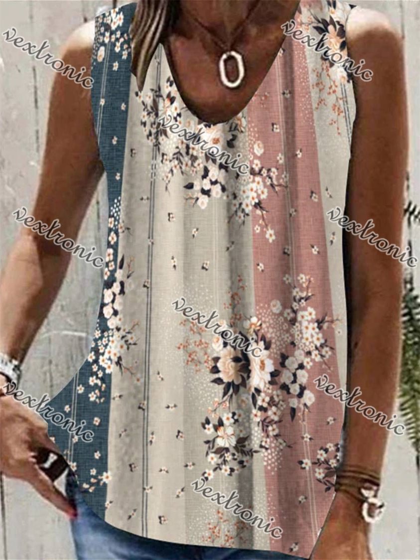 Women's Colorful V-neck Sleeveless Floral Printed Top