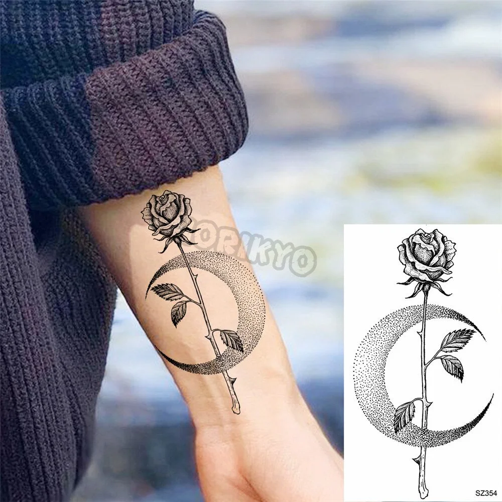 Black Rose Flower Temporary Tattoos For Women Girls Realistic Cosmic Moon Thorns Fake Tattoo Sticker Forearm Tatoos Legs Wedding