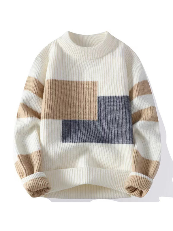 Mature Men Fashion Loose Crew Neck Contrast Color Sweater