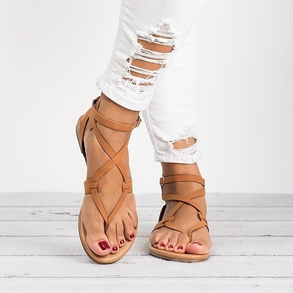 Women Summer Flat Sandals Gladiator Sandalias Beach Sandals Casual Leather Flip-flop Sandals Bandage Sandals Slippers Plus Size - Shop Trendy Women's Clothing | LoverChic