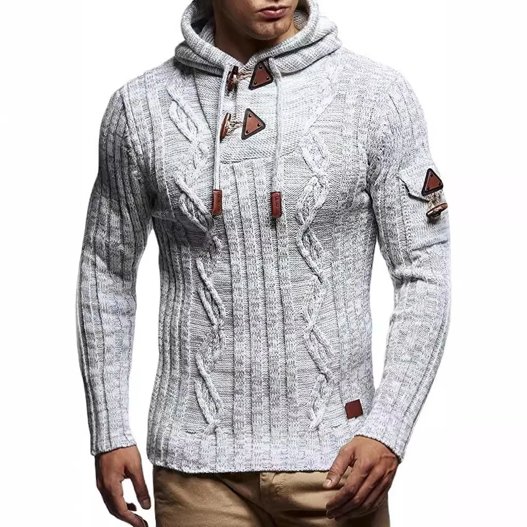 Wongn Wongn And Winter Fashion Men's Knit Long Sleeves With Cap Shoulder Seal Bull Horn Buckle Slim Men's Sweater