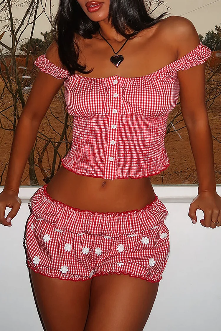 Plaid Print Button Up Crop Cami Floral Applique Shorts 2pcs Set-Red [Pre Order]