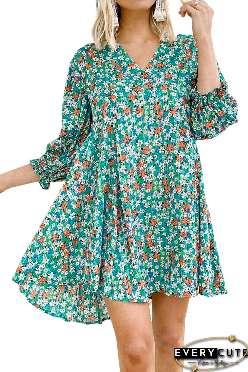 Green 3/4 Bubble Sleeve Floral Dress