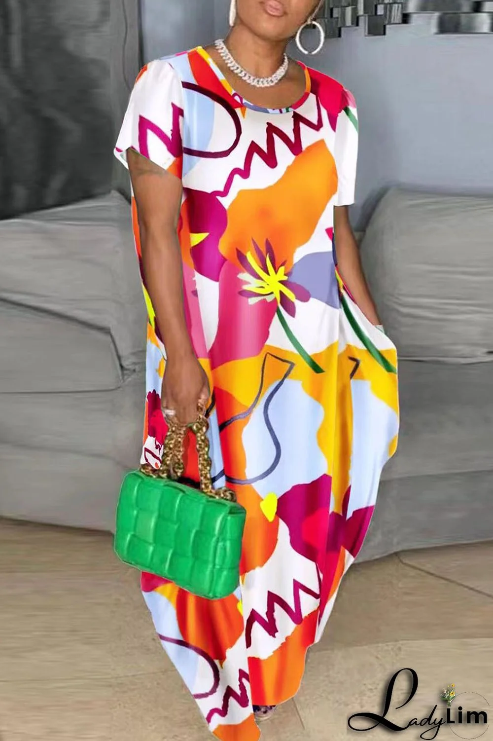 Black Fashion Casual Print Patchwork O Neck Long Dress Plus Size Dresses