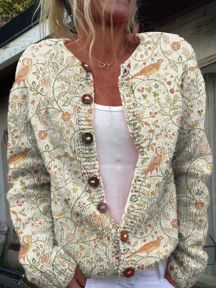 Vintage Pretty Flower Bird Art Pattern Print Buttoned Cardigan Sweater