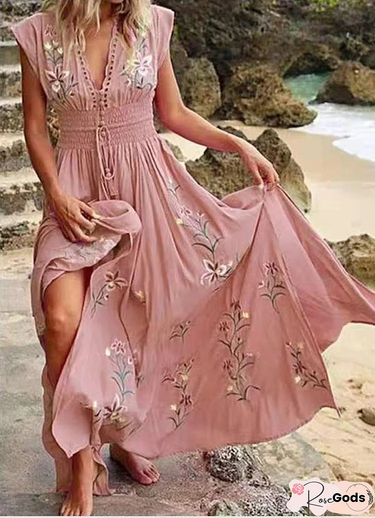 Women's V-Neck French Beach Bohemian Print Dress