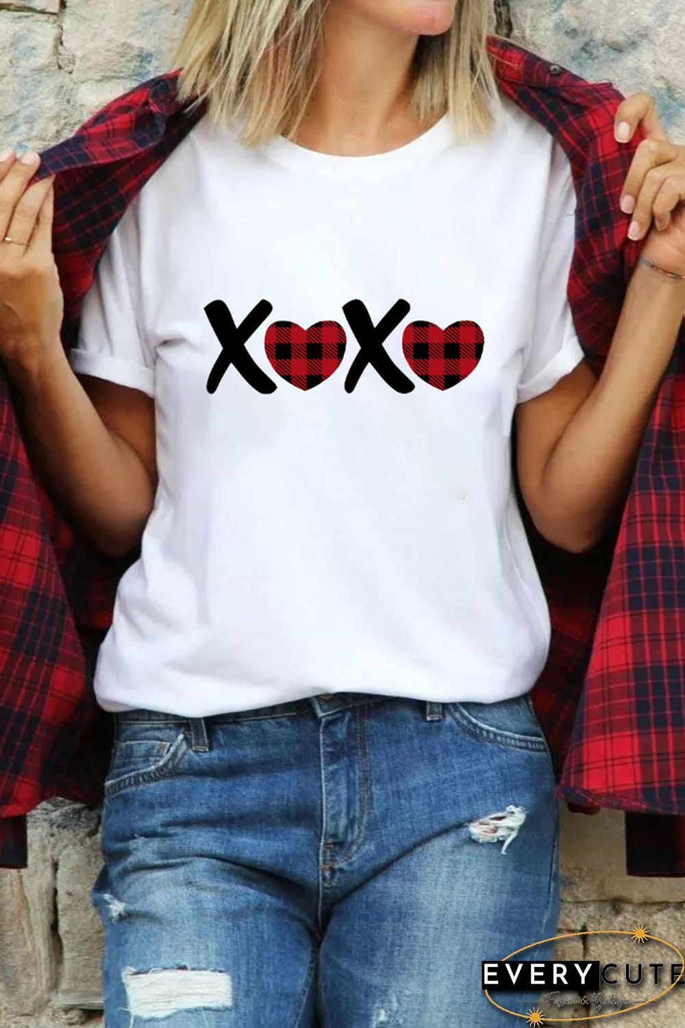 Plaid Heart Letter Print Short Sleeve T-shirt