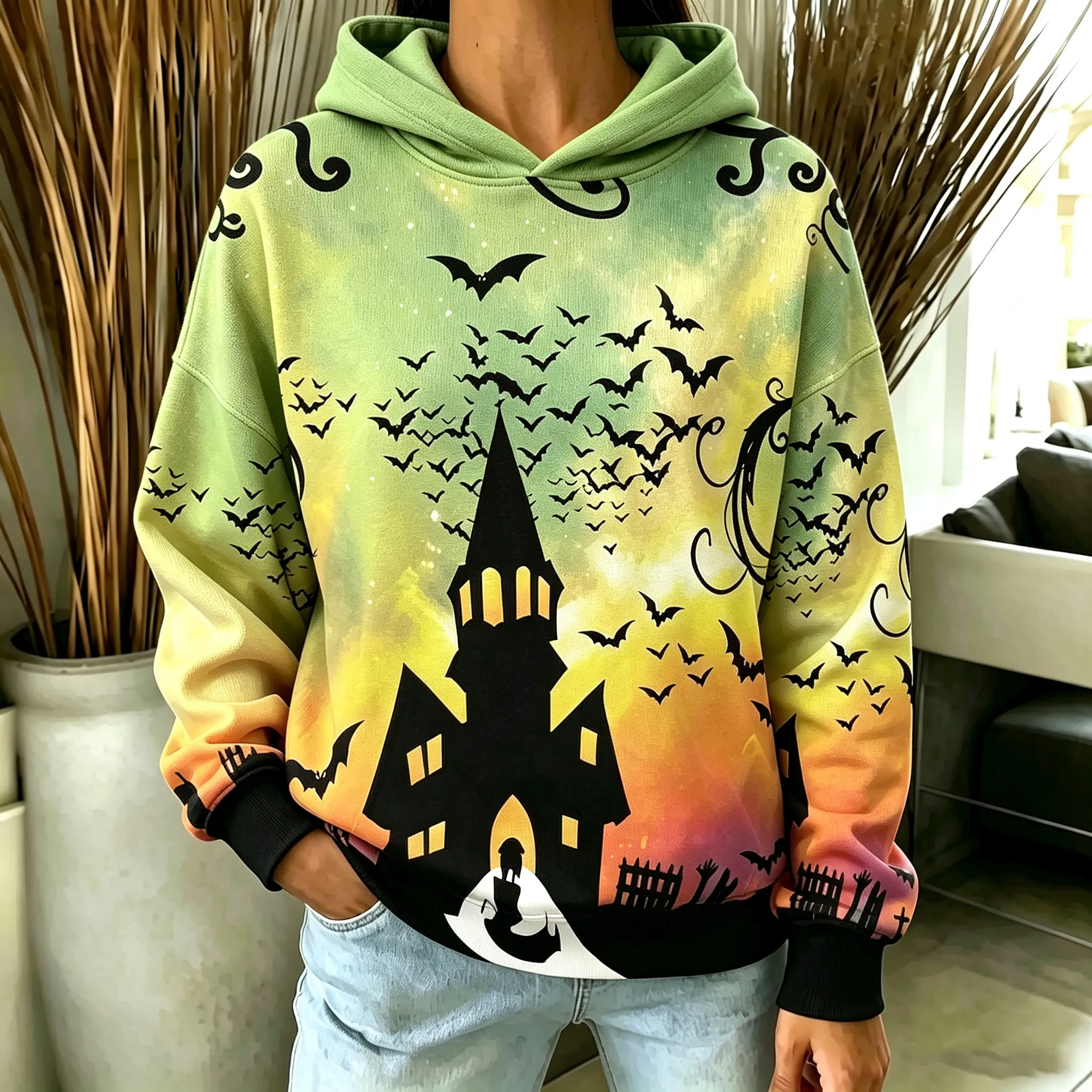 Comstylish Women's Retro Halloween Themed Print Casual Warm Hooded Sweater