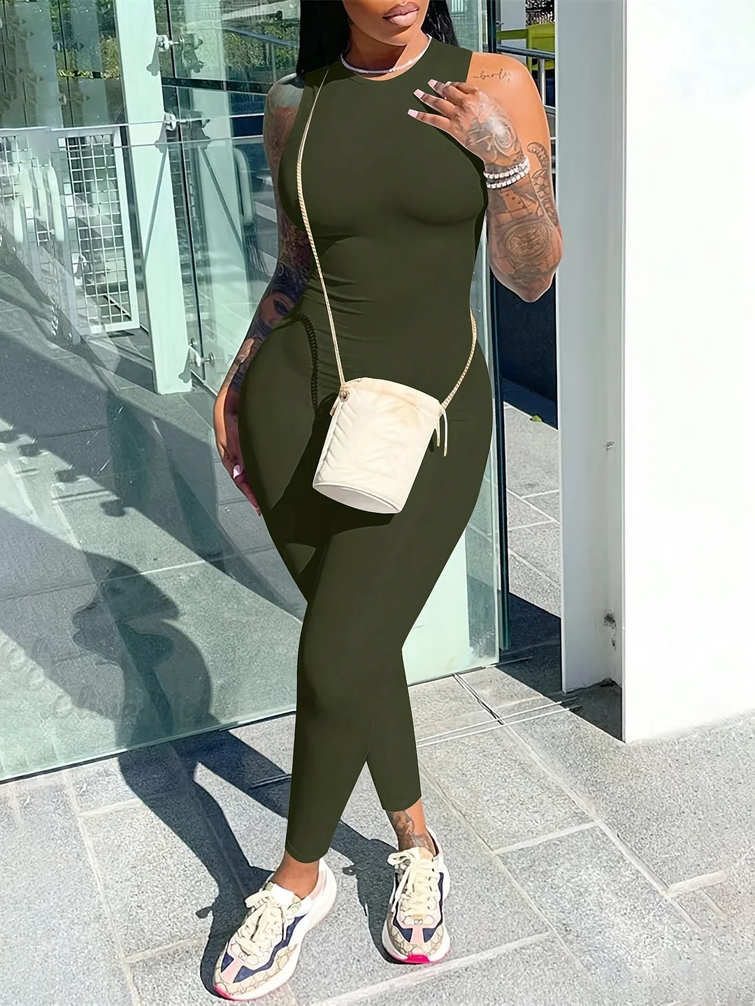Women's Sexy Slim Fit Off-Shoulder Bodysuit - Machine Washable Round Neck Jumpsuit, Solid Color Lightweight Spring/Summer Outfit For Casual & Formal Wear, Formal Attire, Versatile Fashion, Easycare Fabric, Summer Fashion, Trendy Fashion | IFYHOME