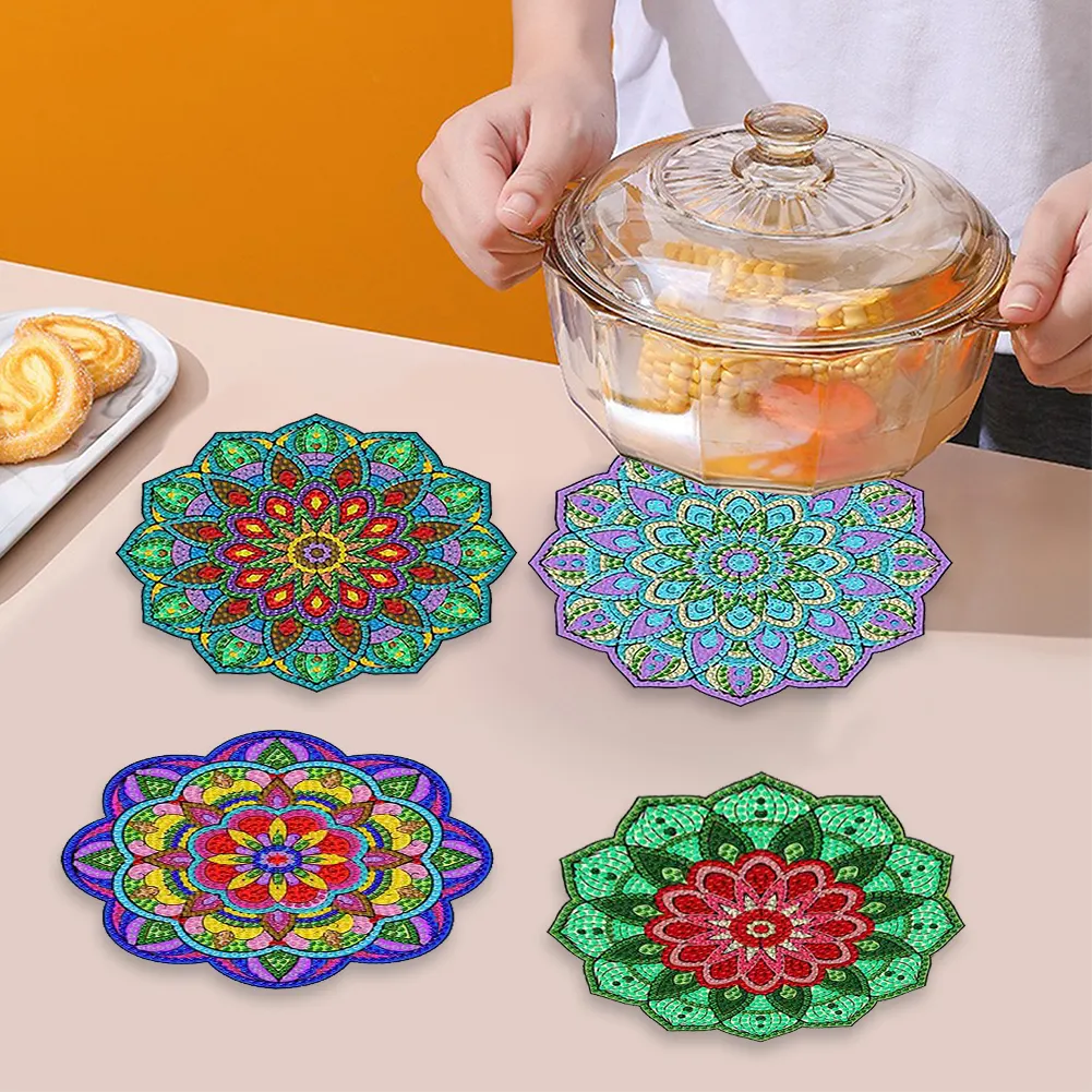 4Pcs Wooden Diamond Painting Placemats Round Diamond Art Table Mats (Mandala)