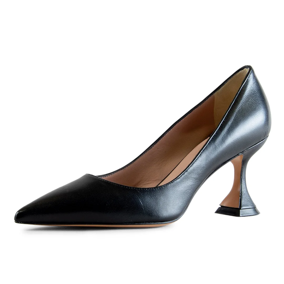 Vegan Leather Sophisticated Pointed Black Pumps with Flared Heels
