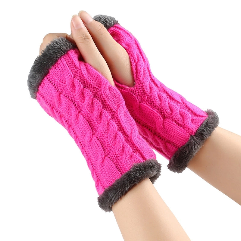 New Autumn And Winter Fleece-lined Wool Gloves Twist Knitted Finger Leakage Plush Oversleeve Warm Thickened Wool Gloves