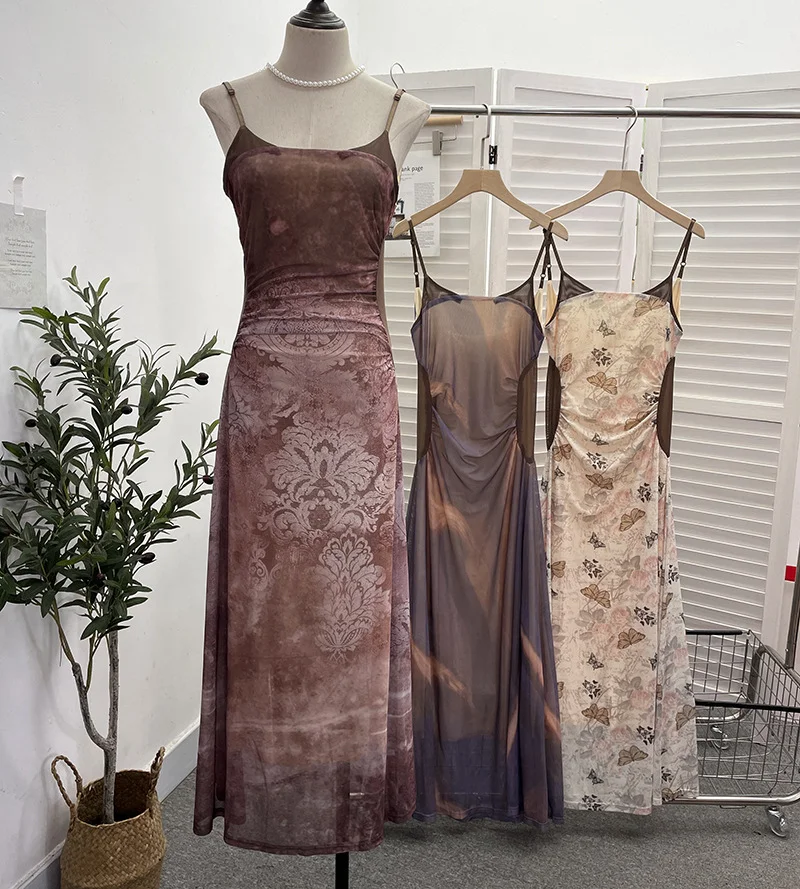 Uveng Sexy Tie-Dye Print Dress Waist Folded Folded Black Back Mesh Slings Long Skirt 888825