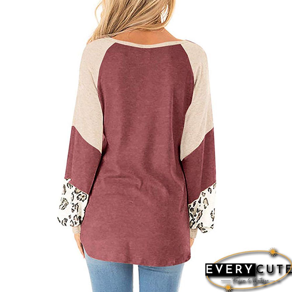 Rust Red Splice Leopard Sleeves Color Block Tops