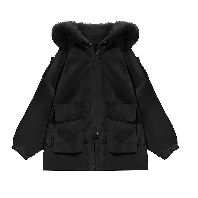 New plus size warm winter coat black hooded faux fur collar casual outfit