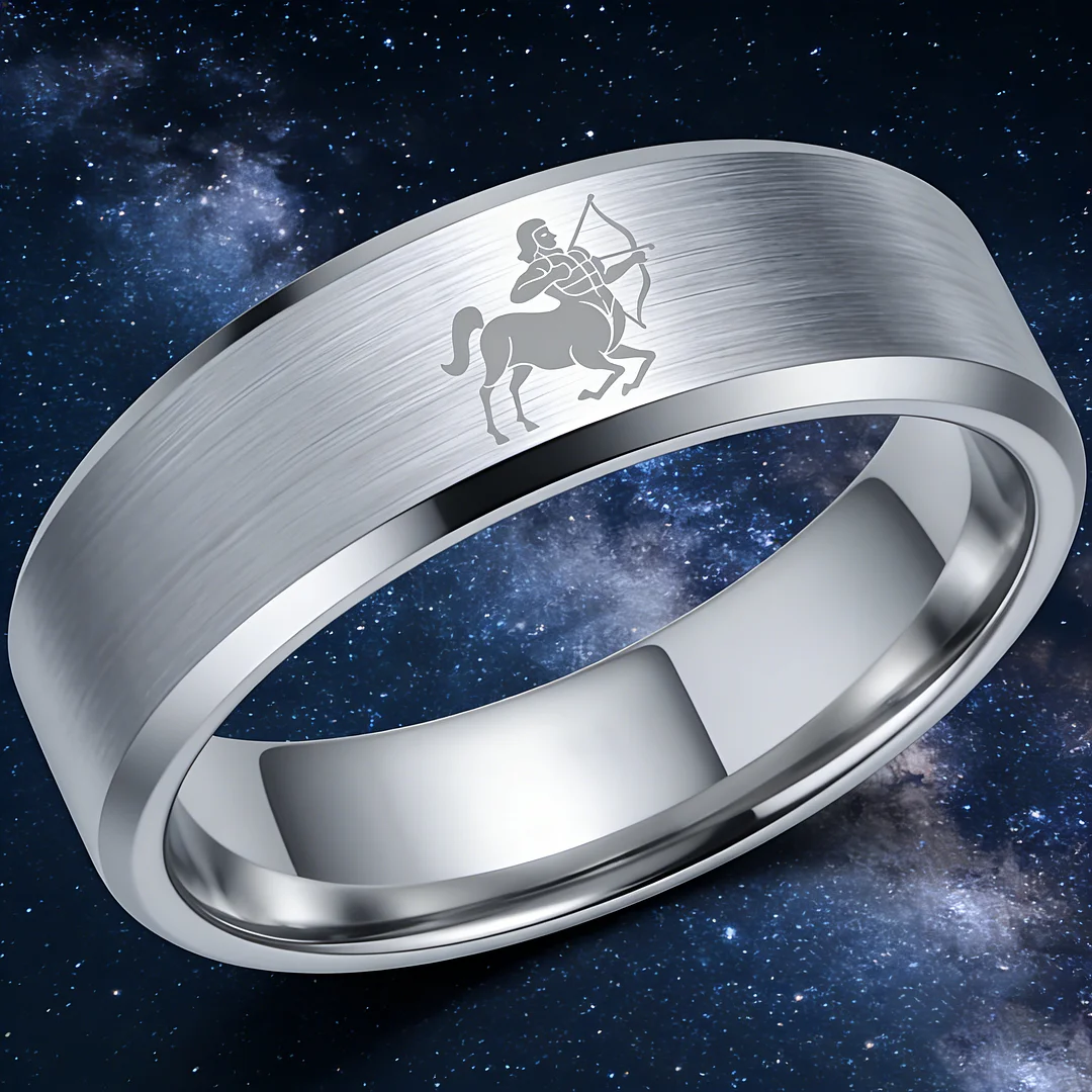 Beveled Edges Sliver Laser Etched Tungsten Carbide Rings Sliver Sagittarius Couple Wedding Bands 4MM 6MM 8MM Width