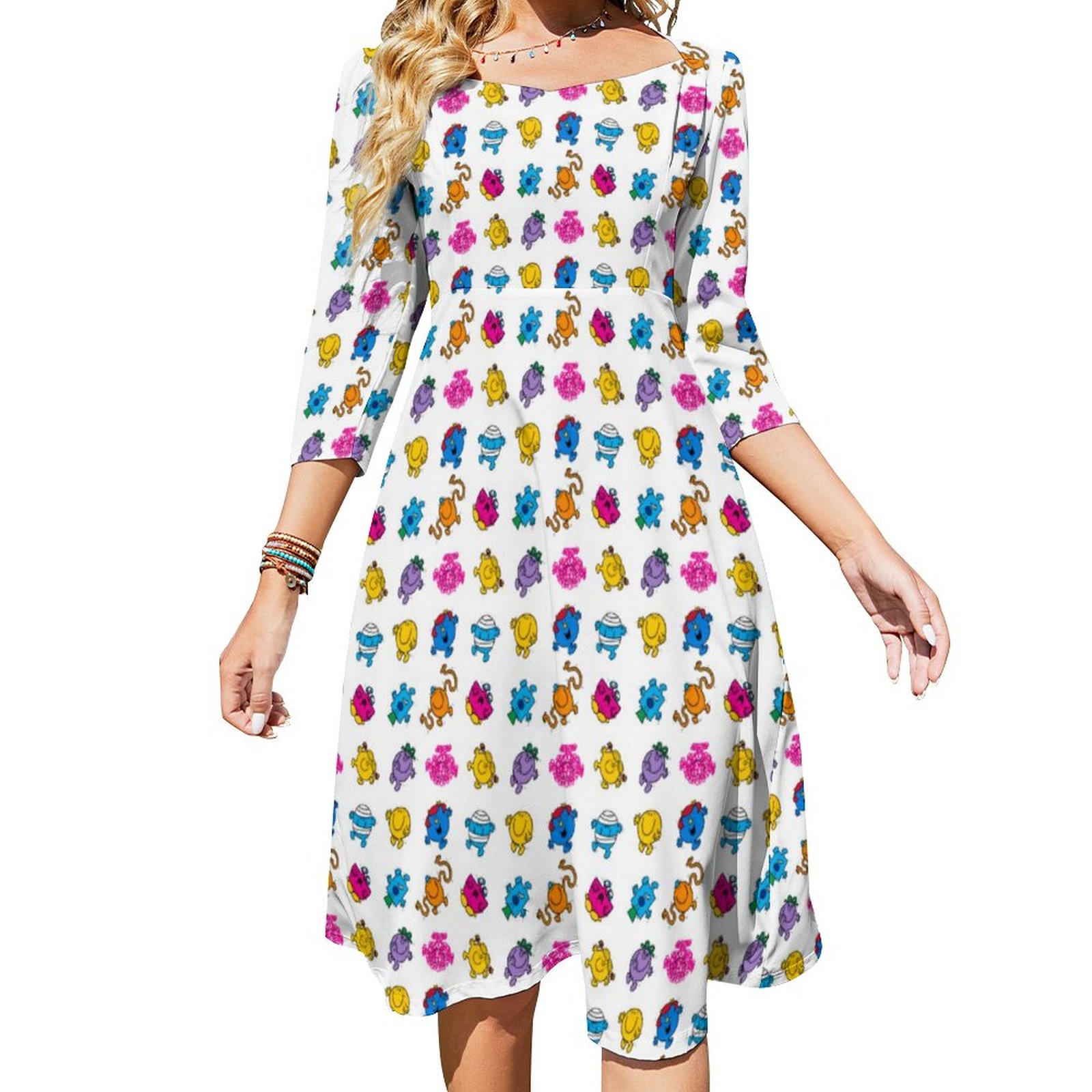 Mr Men Little Miss Dancing Neon Pattern Dress Sweetheart Tie Back Flared 3/4 Sleeve Midi Dresses