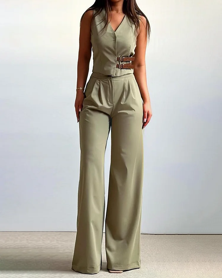 V-neck Patchwork Top and Pants Two-piece Suit