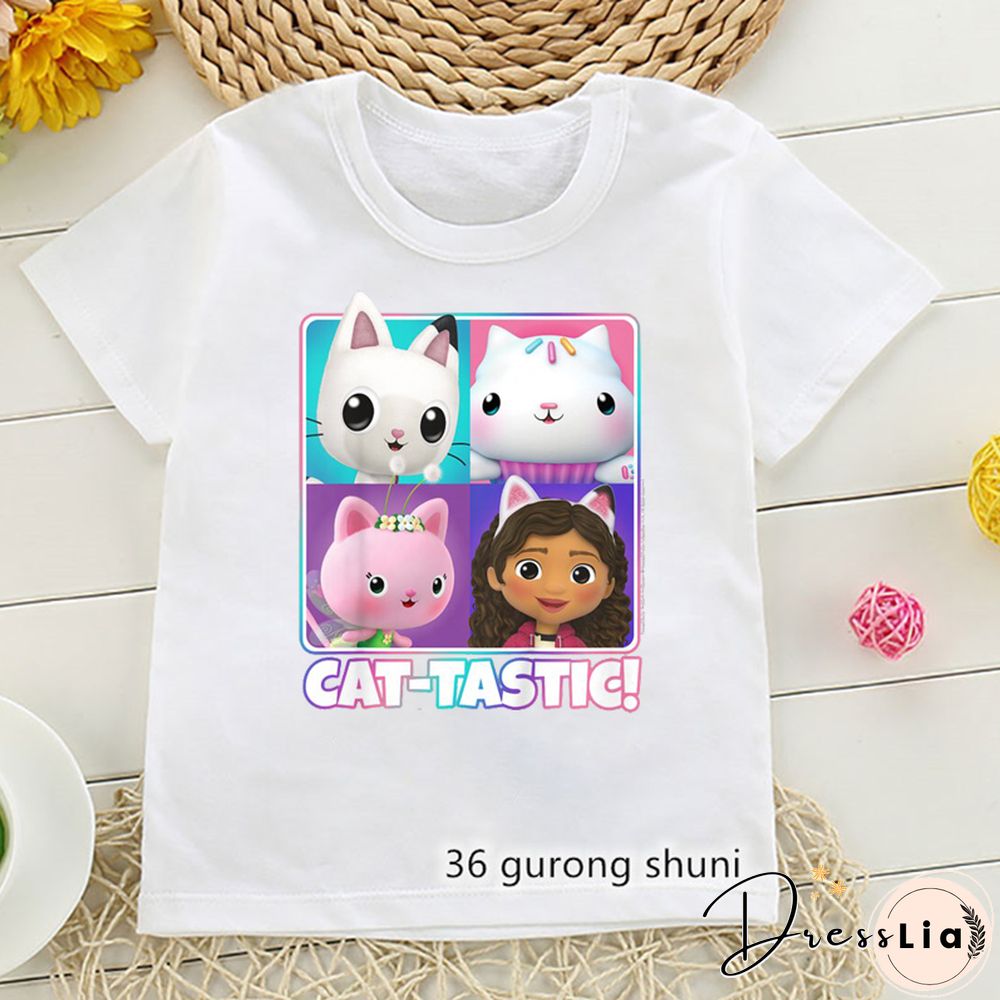Kawaii Girls T Shirts Gabbys Doll House Cartoon Print Childrens Tshirt Summer Tee Girls Clothes White Camisole Tops