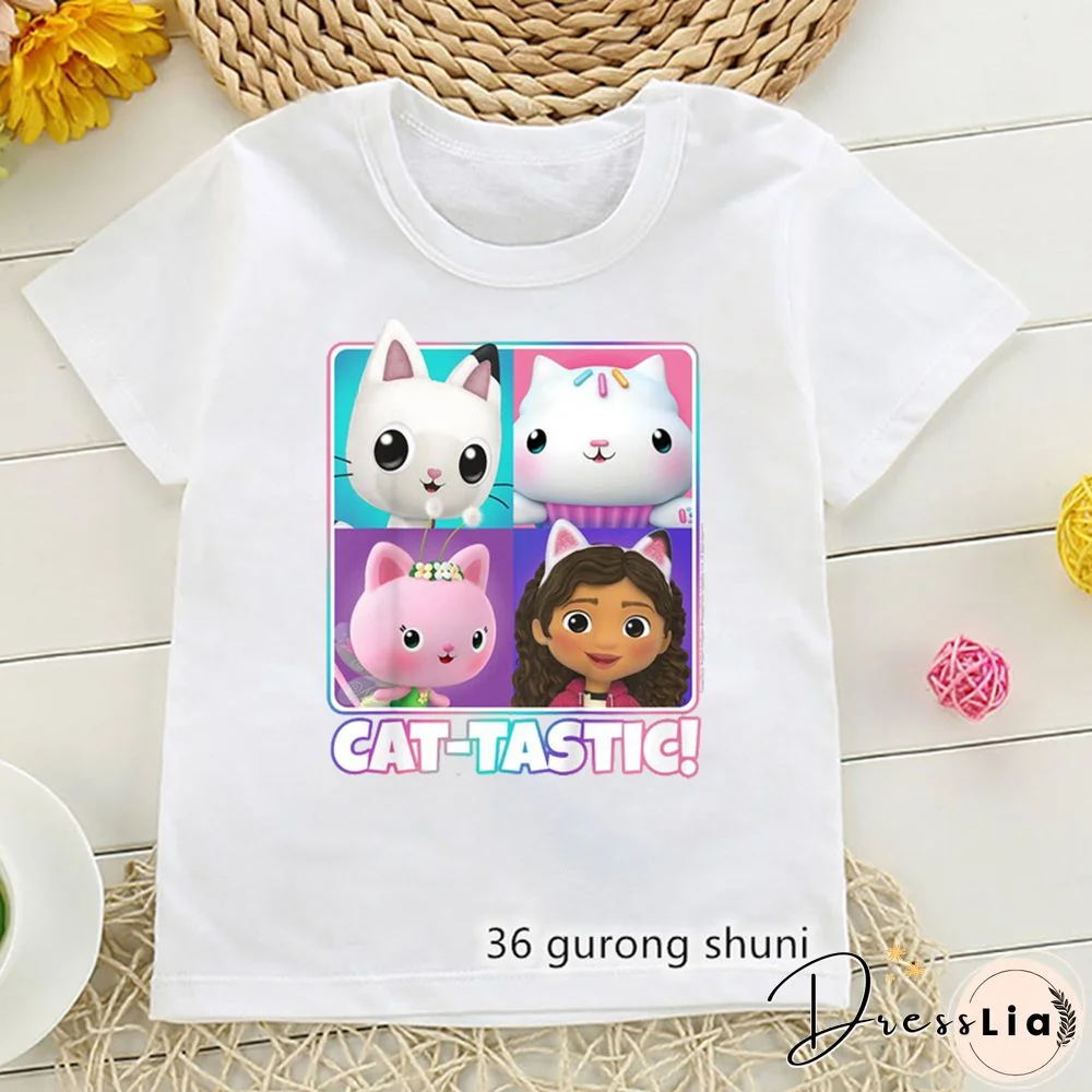 Kawaii Girls T Shirts Gabbys Doll House Cartoon Print Childrens Tshirt Summer Tee Girls Clothes White Camisole Tops