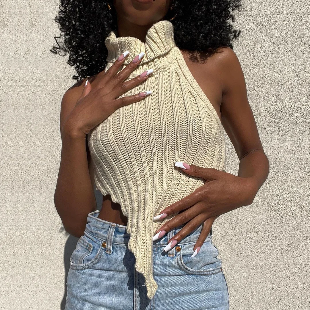 Uveng Spring And Summer New Explosion High-Collar Irregular Sexy Back Hair Weaving Small Vest