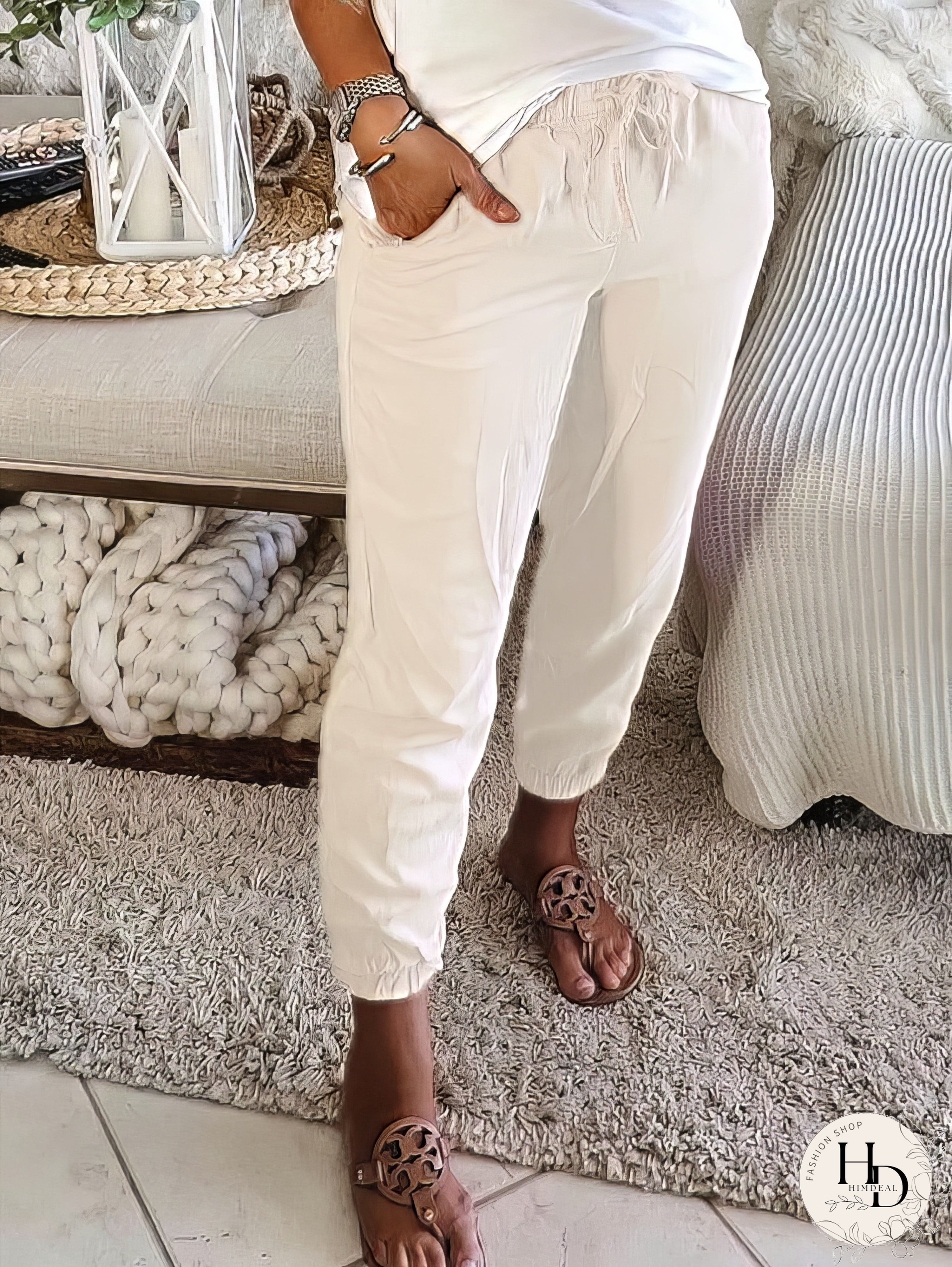 Women's Elastic Waist Linen Pants with Pockets