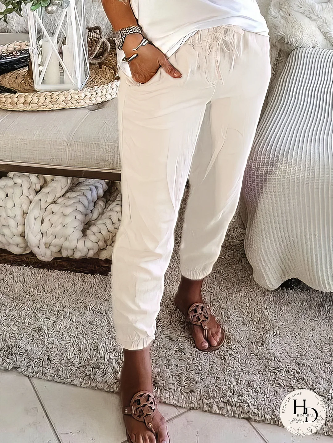 Women's Elastic Waist Linen Pants with Pockets