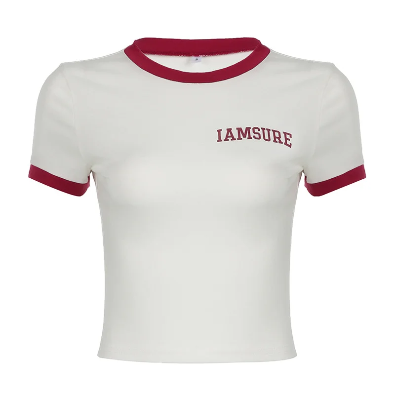 Ueong Leisure Color Flanged Round Collar Short-Sleeved T-Shirt Summer Simple Letter Printed Knitted Blouse